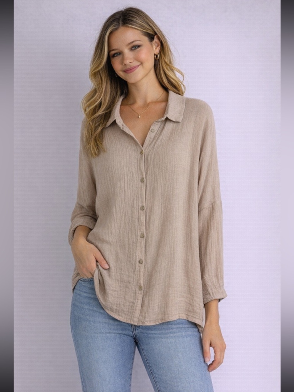 Cobblestone Women’s Lightweight Beige Button-Up Shirt Crinkle Oversized Size S/M